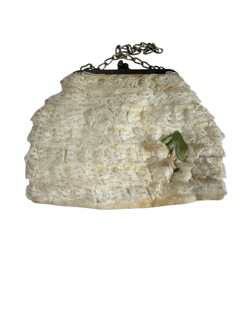 Vintage Ivory Lace Evening Bag With Chain Handle & Floral Accent